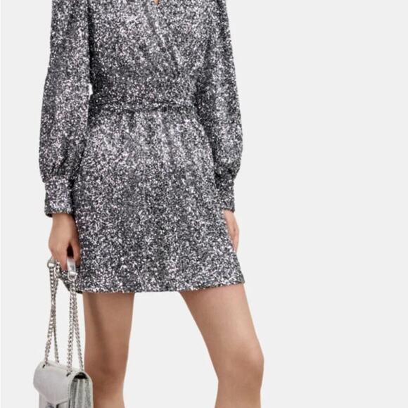 The Kooples Silver Sequin Wrap Mini Dress | FR 1 / US S - Picture 2 of 8